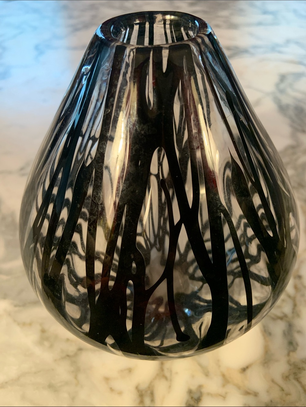 Mid Century Modern Art Glass Hand Blown Black Drip Vertical Stripes Vase